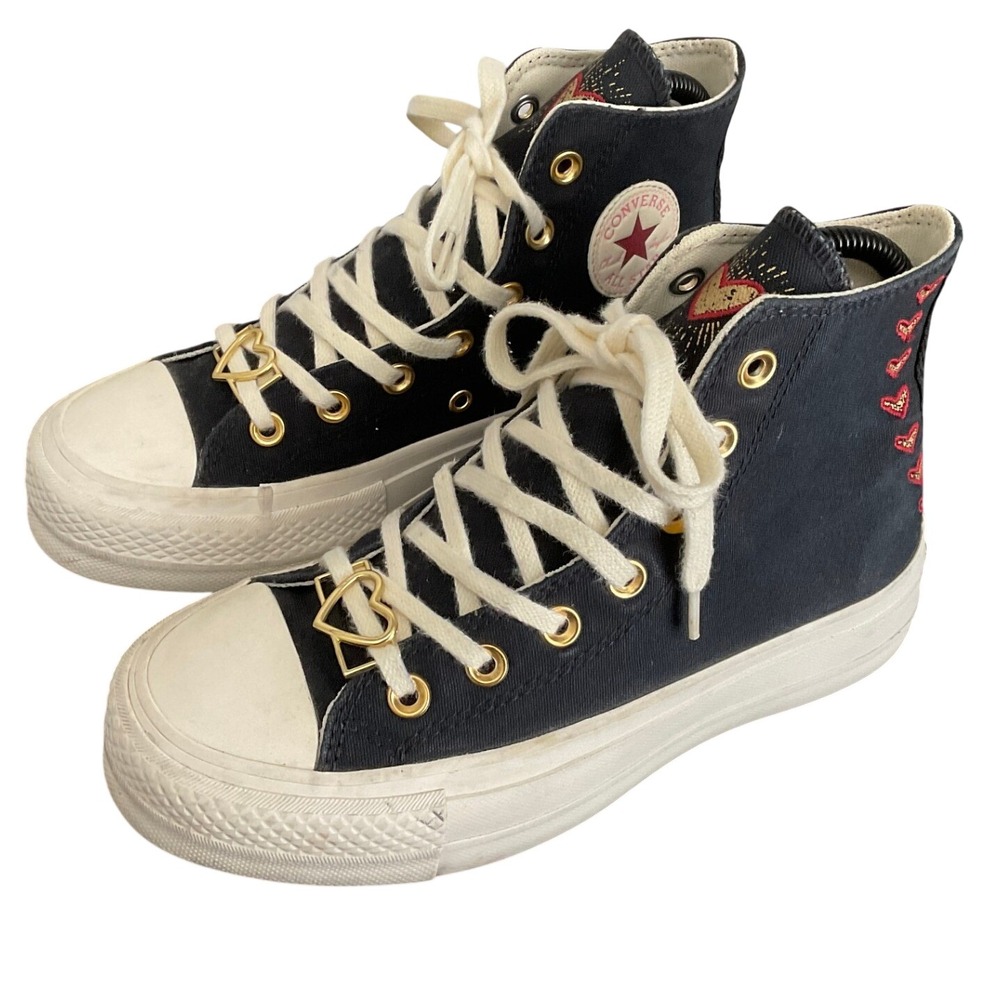 Converse Chuck Taylor All‎ Star Lift Hi Hearts Black Gold A05138C Womens 6